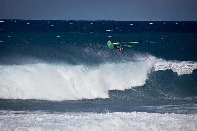 Bryan Metcalf Perez proving a point about his abilites to rip as a wave sailor, huge aerial - 2012 AWT Maui Makani Classic © American Windsurfing Tour http://americanwindsurfingtour.com/
